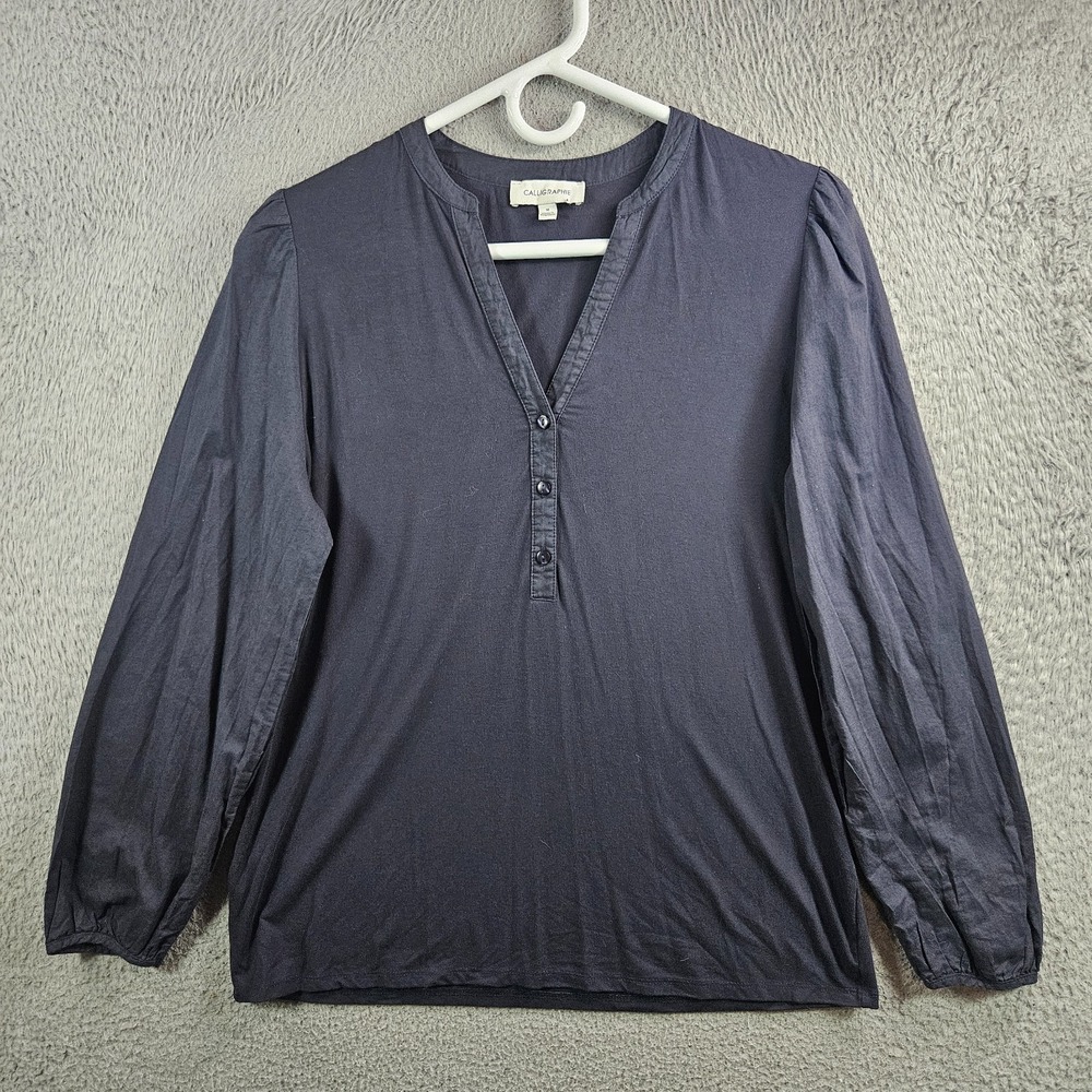 Calligraphie Top Blouse Women Medium 1/2‎ Button Long Sleeve Black